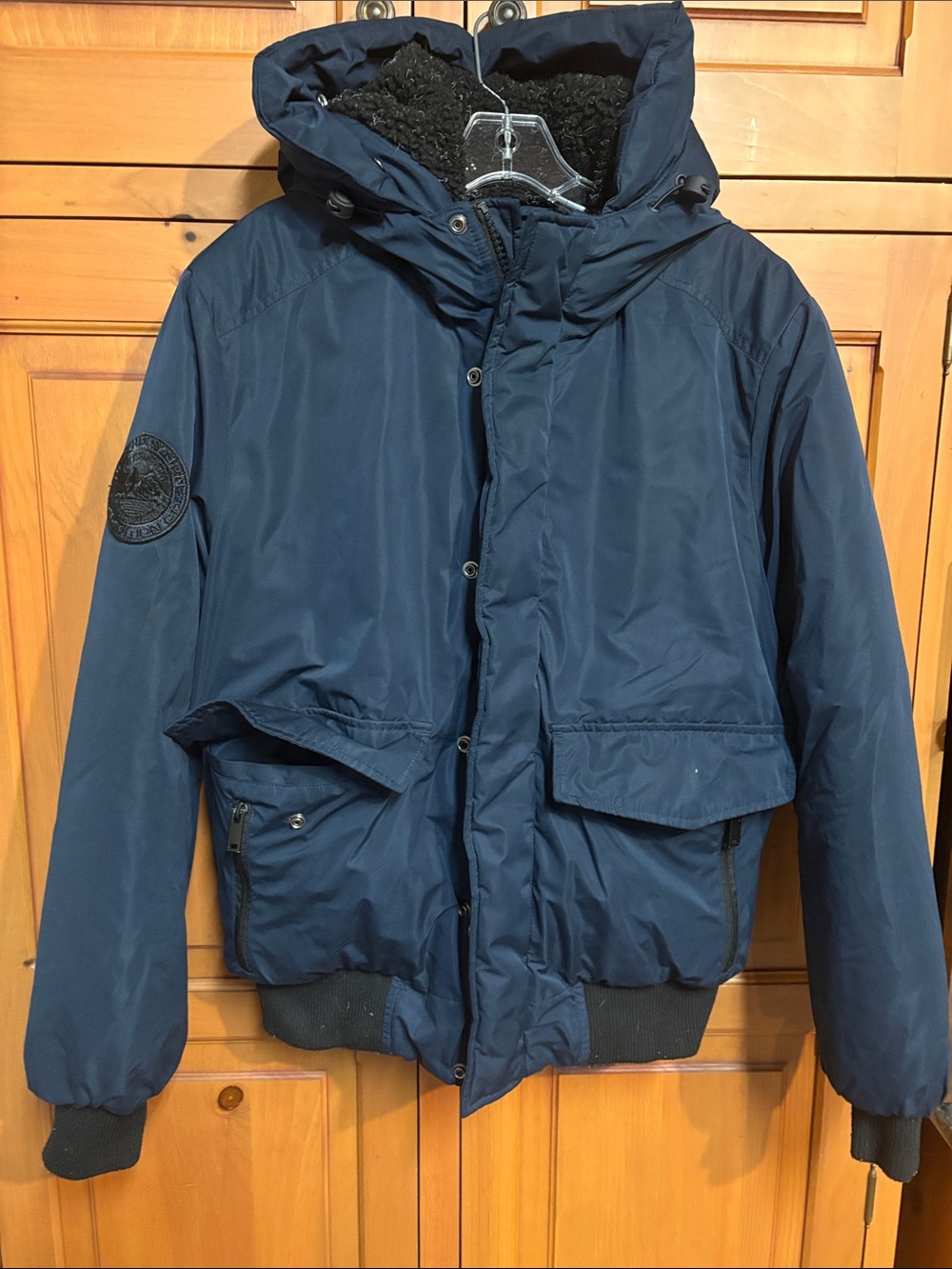 Superdry Navy Hooded Puffer Jacket with Sherpa Trim